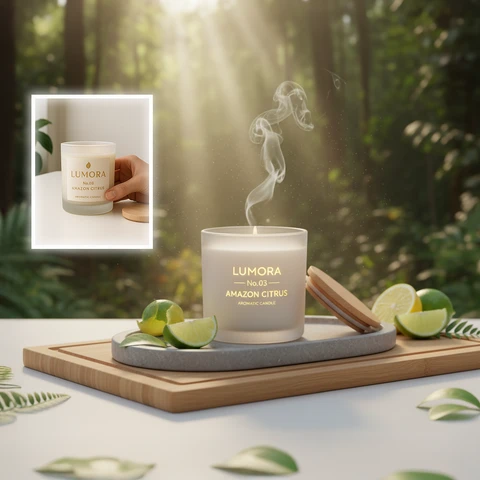 Cosmetics arranged on a minimal set generated in Product Studio