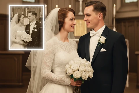 Before and after comparison of a restored vintage photo